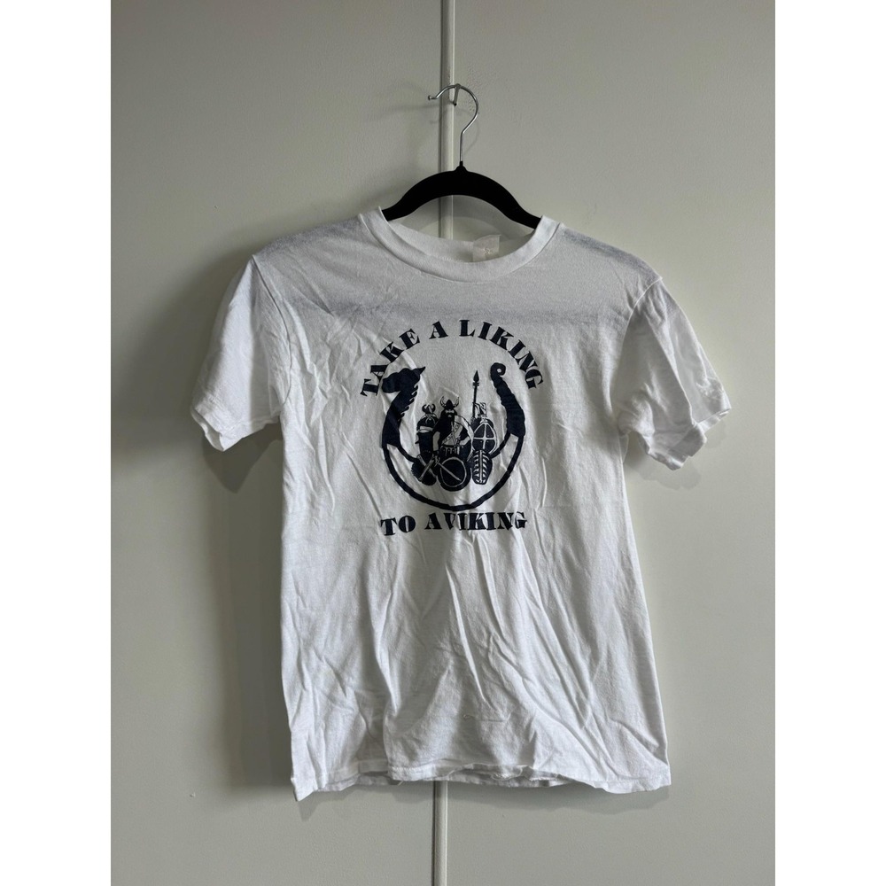Vintage Viking Take A Liking Shirt Womens‎ XS White Soft Graphic Tee 70s 80s